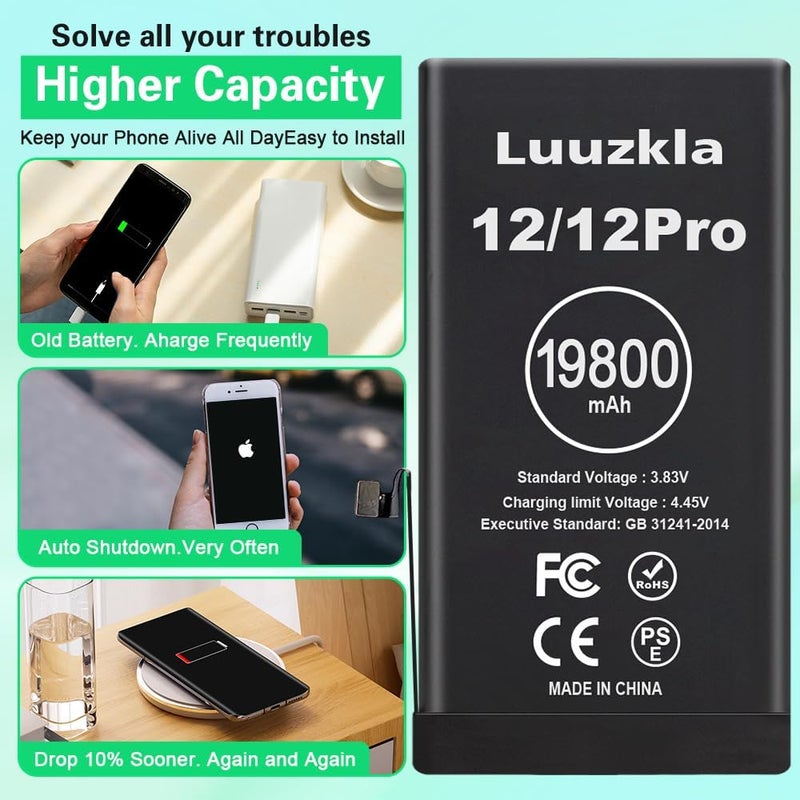 Luuzkla بطارية بسعة 19800mAh (ترقية جديدة 2025) متوافقة مع iPhone 12/12 Pro، بطارية بديلة بسعة فائقة متوافقة مع iPhone 12/12 Pro، مع مجموعة أدوات كاملة - 0 دورة - 24 شهر خدمة - Image 3